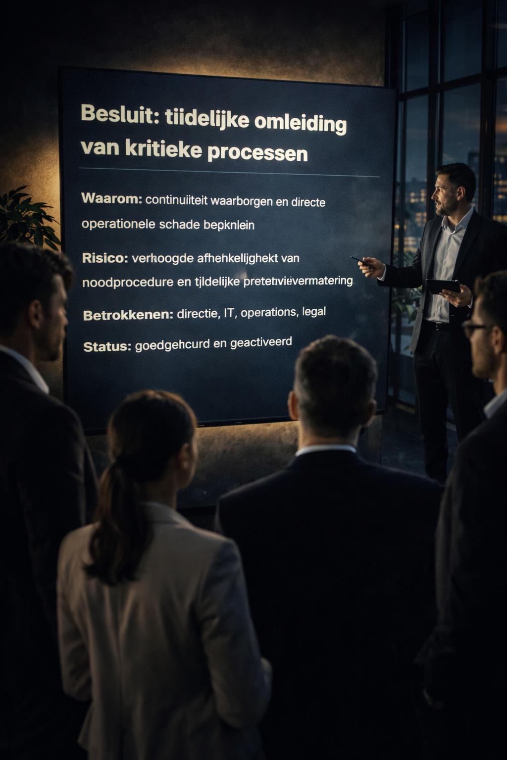 Cinematic boardroom met besluitvorming onder druk